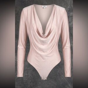 Bar III Peach Cowl Neck Bodysuit L | Padded Shoulders Long Sleeve Stretch
